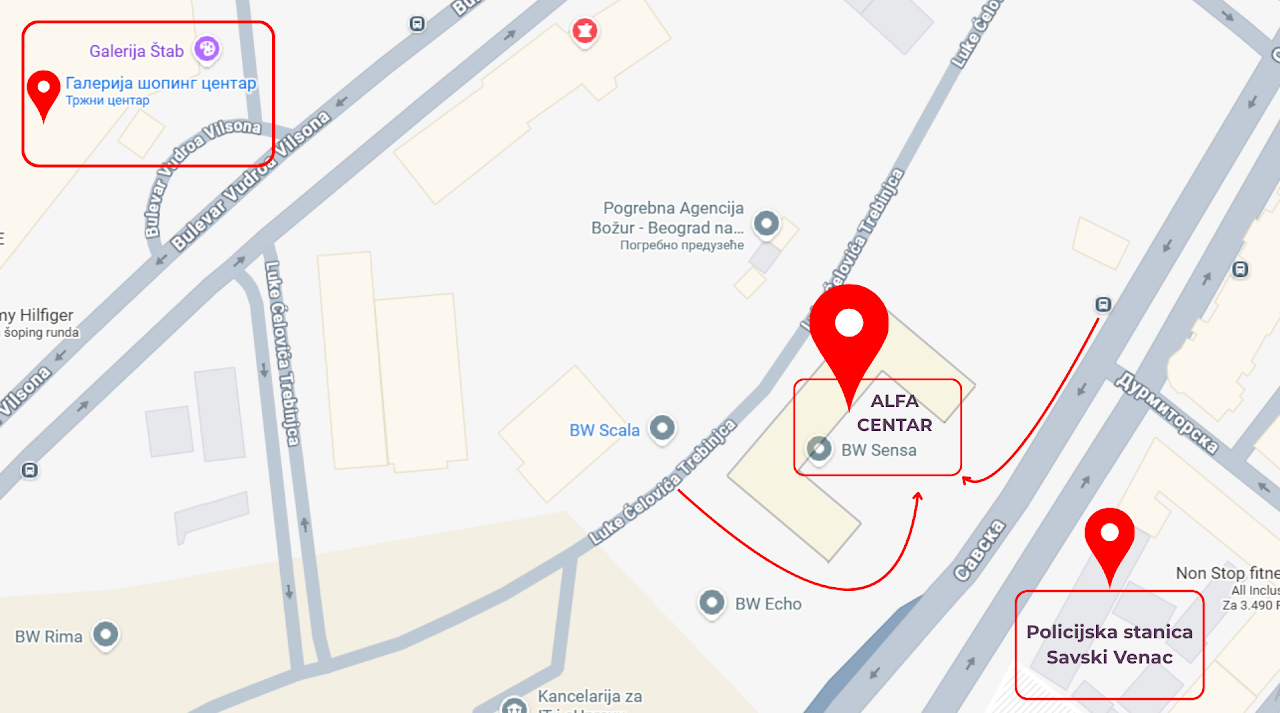 Lokacija Alfa Centra na mapi — Luke Ćelovića Trebinjca 33/004, BW Sensa